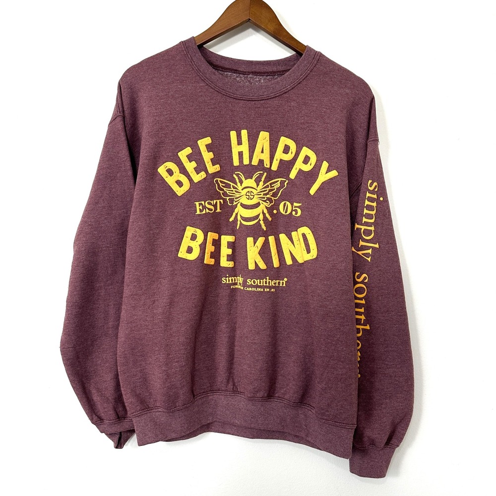Simply Southern Bee Happy Bee Kind Sweatshirt Maroon Graphic Womens M Puff Print